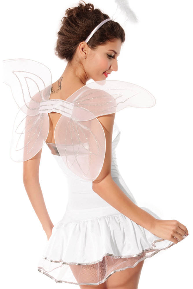 Ladies 4 Pce Angel/Fairy Costume Satin & Net Dress Wings Halo & Thong Size 10-12