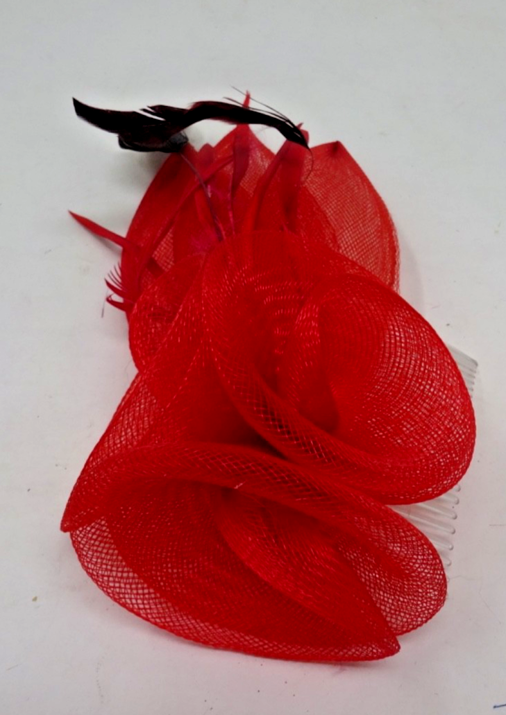Red Fascinator Stiffened Net 3 Floral Rosettes & Petals Fine Feathers Clear Comb
