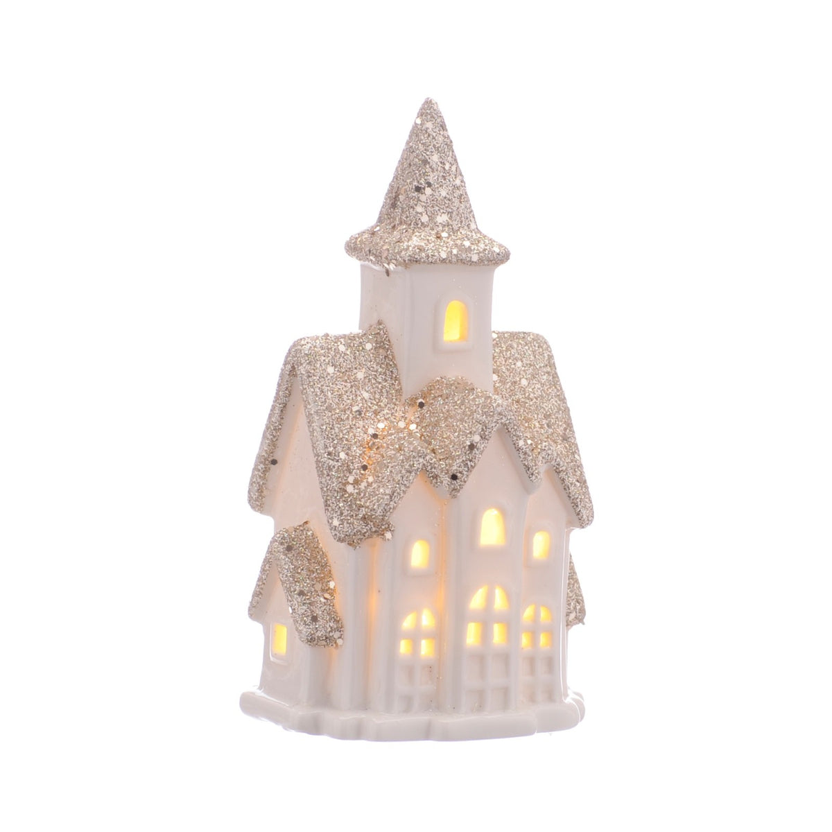 LED Light Up Christmas Festive White Porcelain Glitter House Decoration 12cm