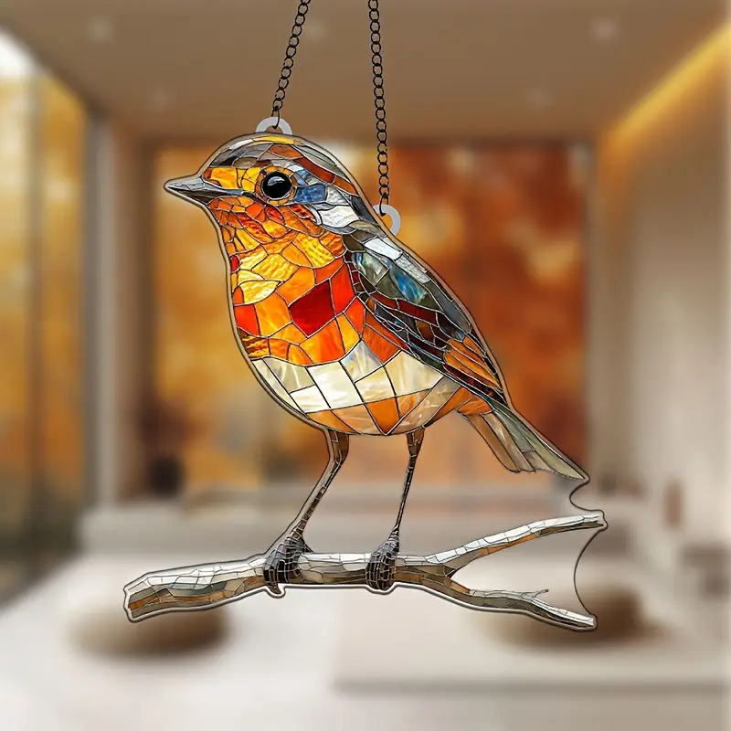 Acrylic Hanging Garden Suncatcher Robin on Branch 20cm Tall on a Metal Chain