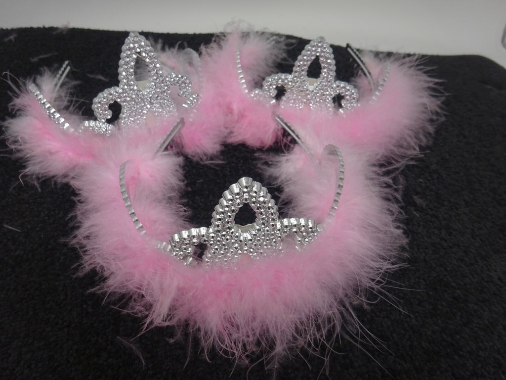 3 x Plastic Sparkling Tiaras Crowns with Baby Pink Fur Hen Party Birthday Prom