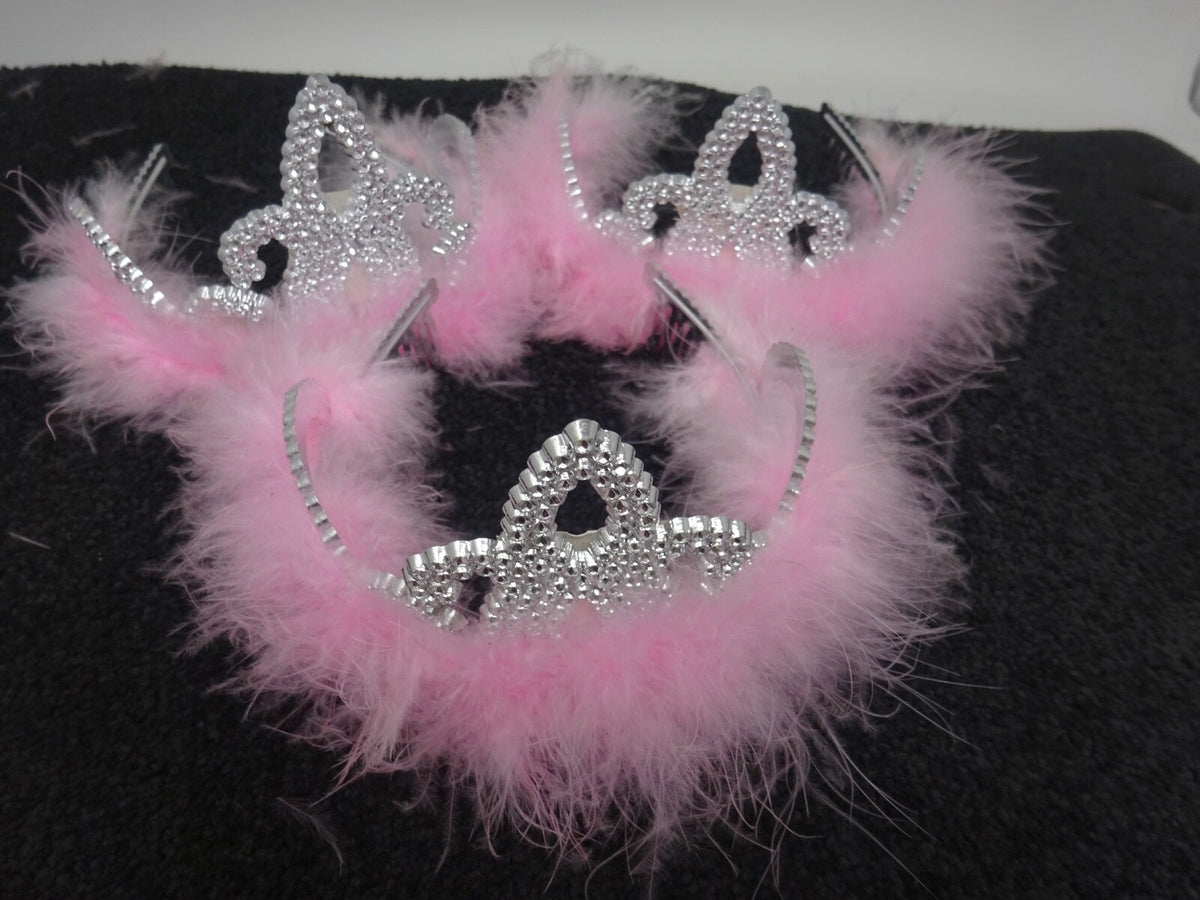 3 x Plastic Sparkling Tiaras Crowns with Baby Pink Fur Hen Party Birthday Prom