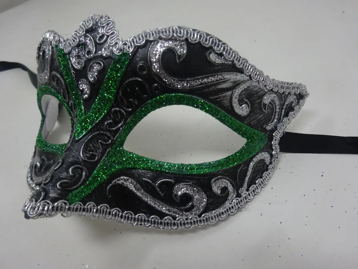 BLACK GREEN & SILVER BRAID VENETIAN MASQUERADE PARTY CARNIVAL BALL PROM EYE MASK