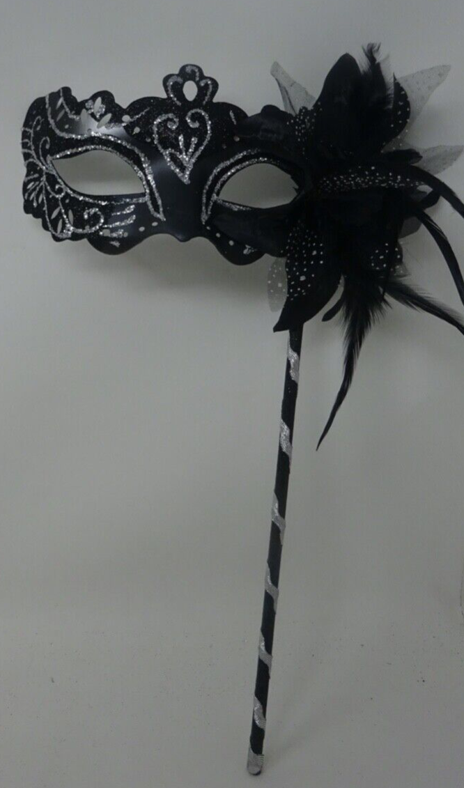 SILVER & BLACK VENETIAN MASQUERADE PARTY CARNIVAL EYE PROM BALL MASK ON A STICK