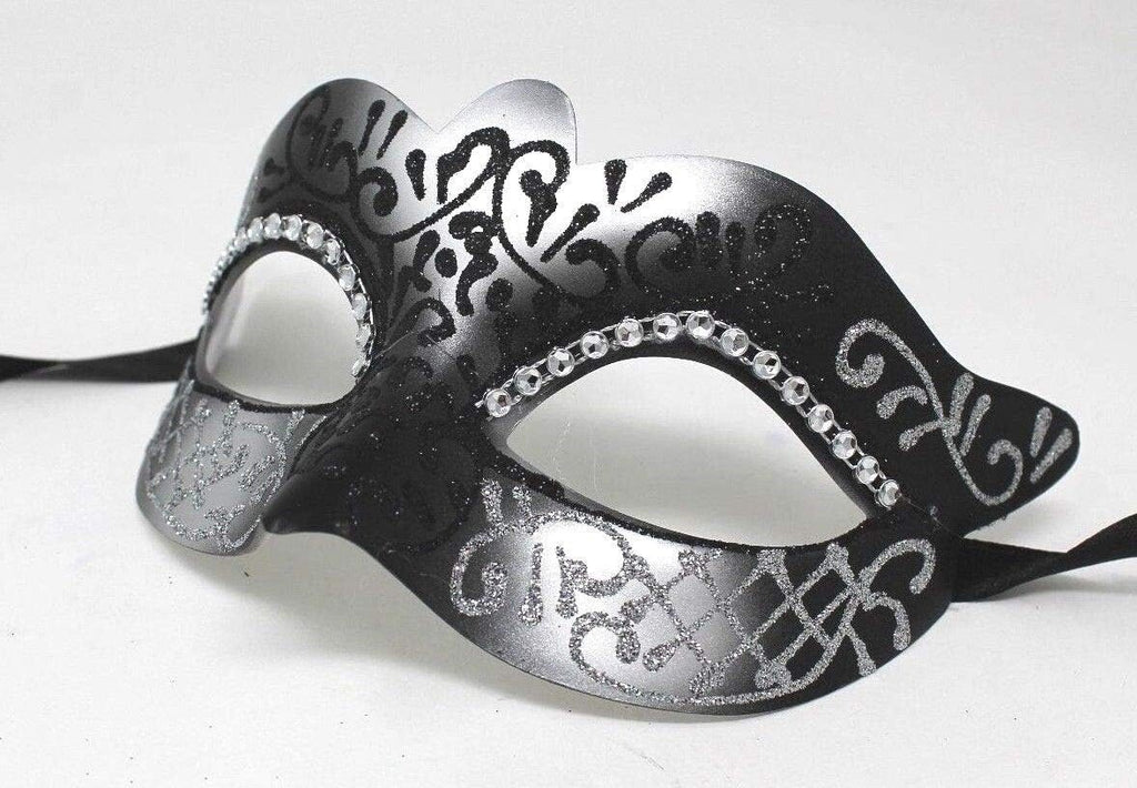 SILVER & BLACK VENETIAN MASQUERADE PARTY CARNIVAL EYE PROM BALL MASK & DIAMONTES
