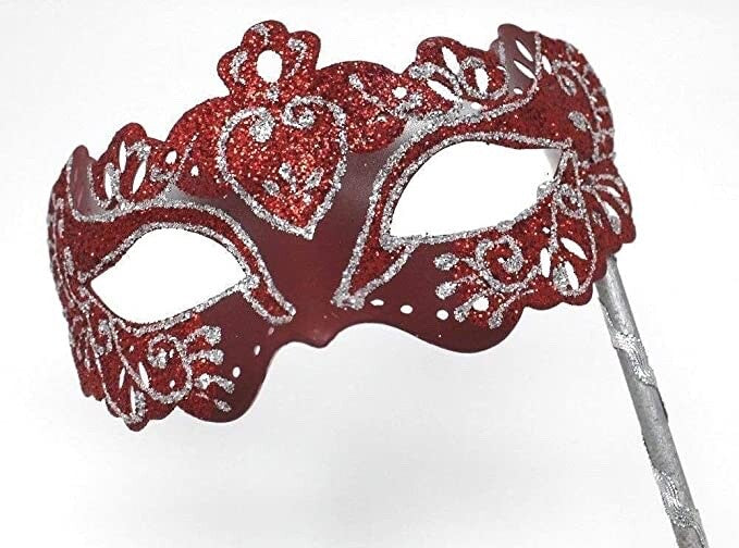 RED & SILVER RIALTO VENETIAN MASQUERADE PARTY CARNIVAL BALL ON A HAND HELD STICK