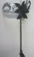 BLACK & SILVER WITH FLOWER & STICK VENETIAN CARNIVAL BALL MASQUERADE PARTY MASK
