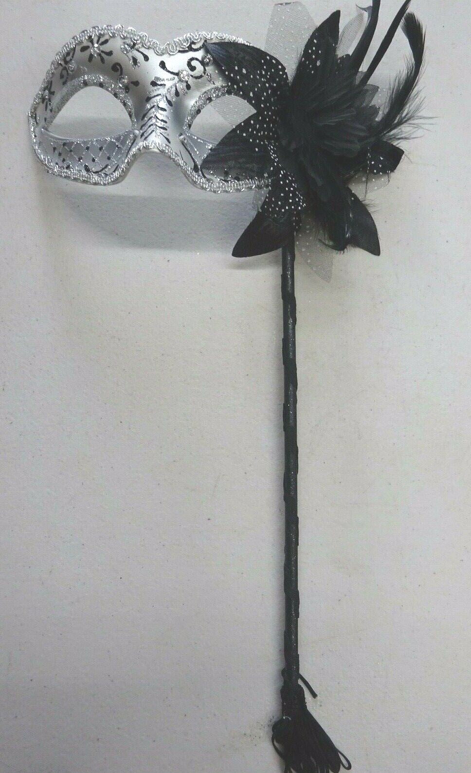 BLACK & SILVER WITH FLOWER & STICK VENETIAN CARNIVAL BALL MASQUERADE PARTY MASK