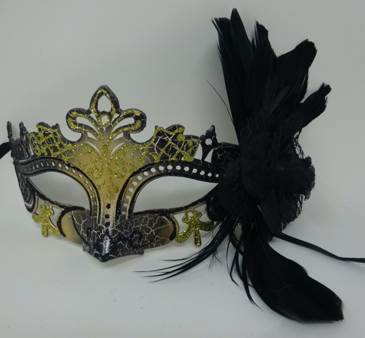 GOLD & BLACK RIALTO VENETIAN MASQUERADE PARTY CARNIVAL BALL EYE MASK WITH FLOWER