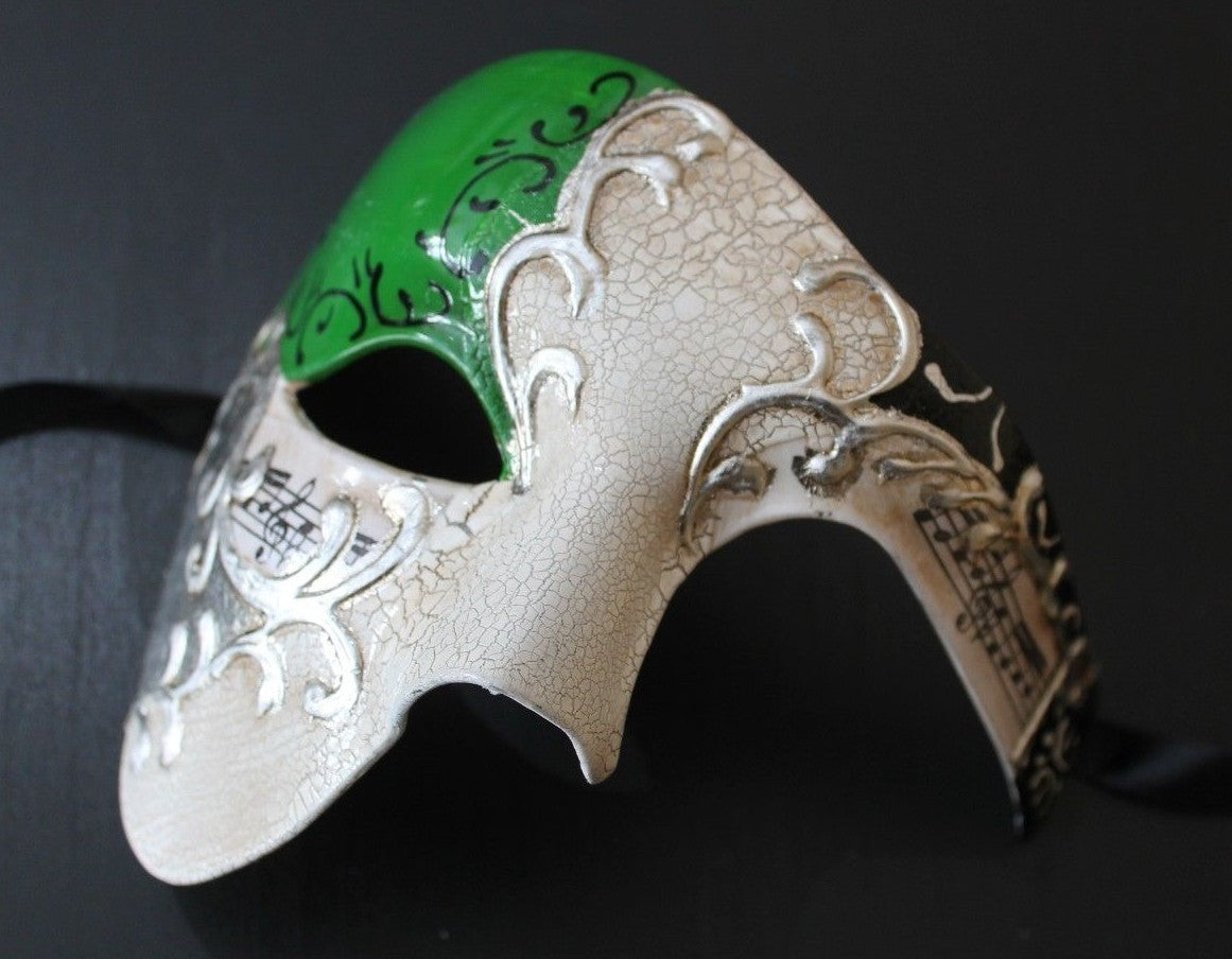 QUALITY GREEN & SILVER HALF FACE PHANTOM MUSICAL NOTES MASQUERADE MASK