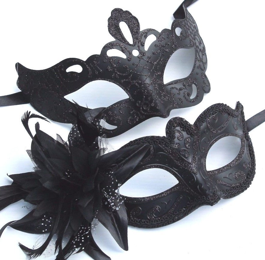 HIS N HERS PAIR COUPLES CO-ORDINATED BLACK VENETIAN MASQUERADE PARTY EYE MASKS