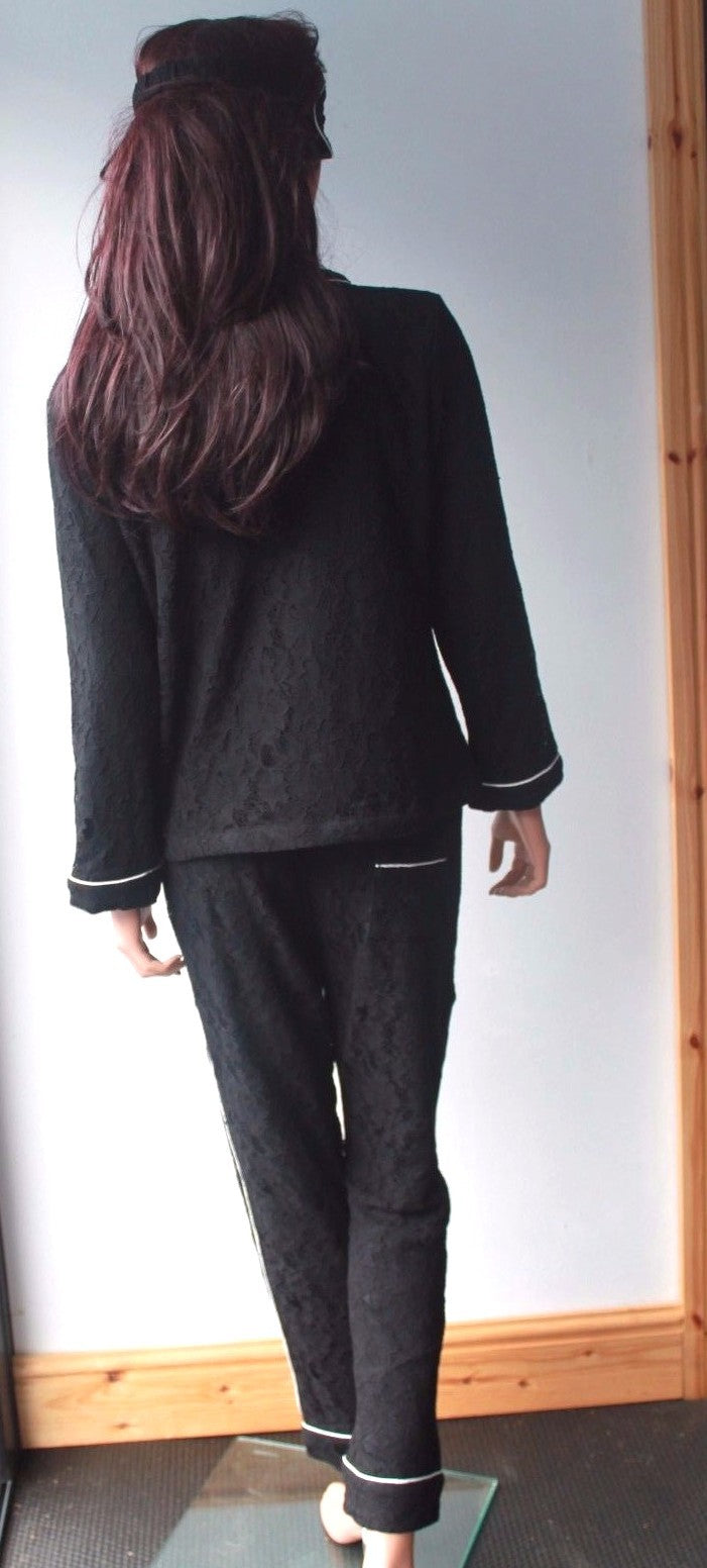 Ladies Black Lace Lined Ladies Pyjamas Longe Pants Size 8-10 with Sleep Mask