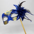 STUNNING BLUE & GOLD VENETIAN MASQUERADE PARTY EYE MASK ON A HAND HELD STICK