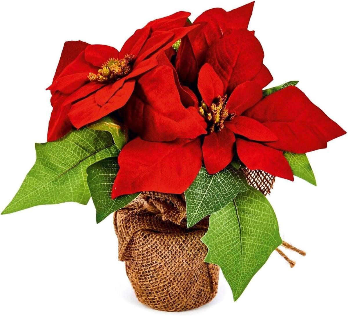 Artificial Floral Arrangement Christmas Poinsettia Bouquet in Hessian Pot 24cm