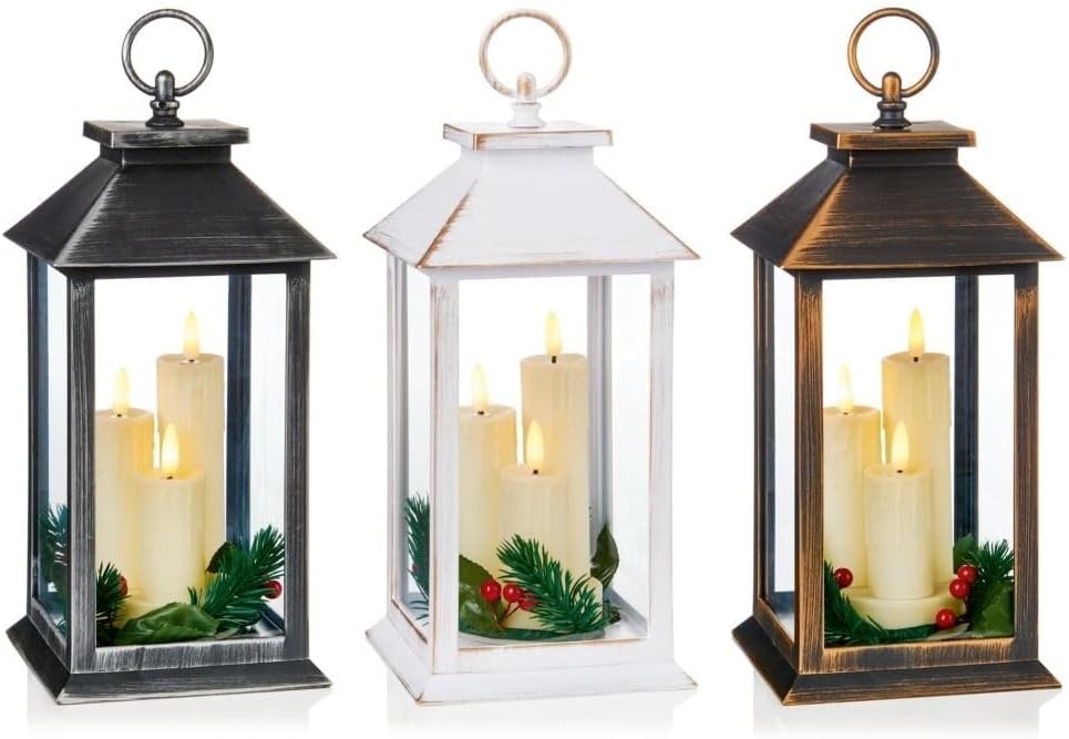 Choice of 3 Colours Rustic Lantern with 3 LED Flicker Flame Candles 27cm Tall