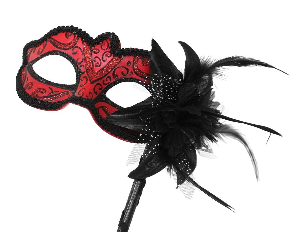 STUNNING BLACK & RED VENETIAN MASQUERADE PARTY BALL CARNIVAL MASK HAND STICK