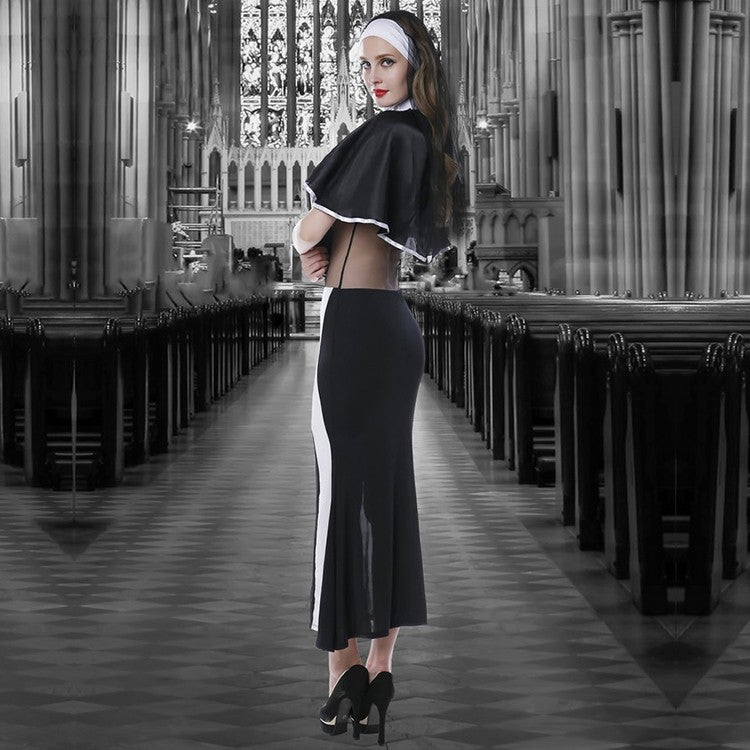 Ladies Sexy Nun Sister Church Costume 3 Piece Dress Wimple & Thong Size 10-12