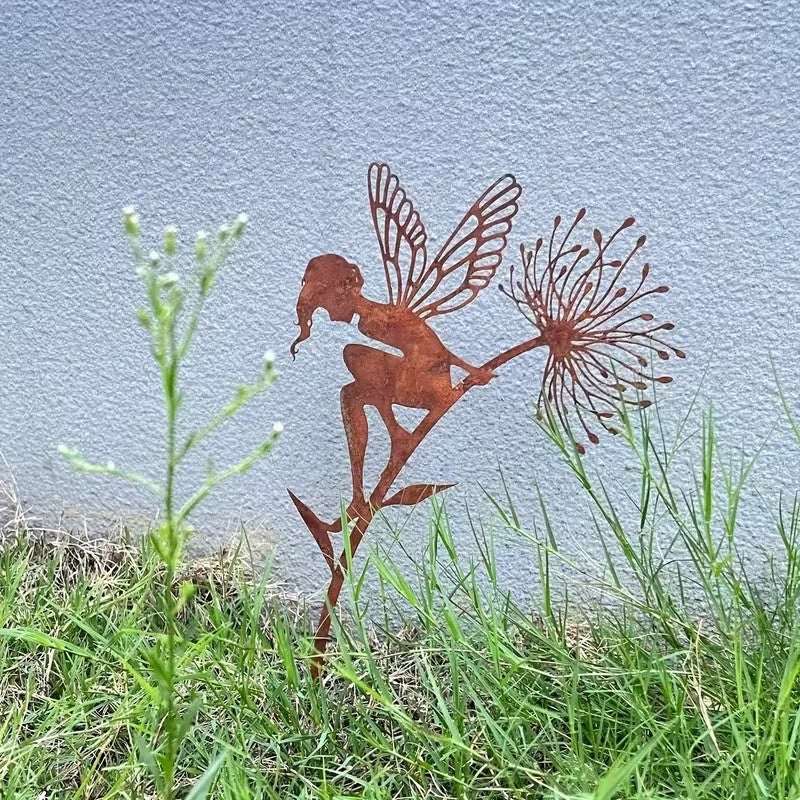 Rusty Patina Core-ten Metal Fairy with Flowerhead 30cm Long Garden Decoration