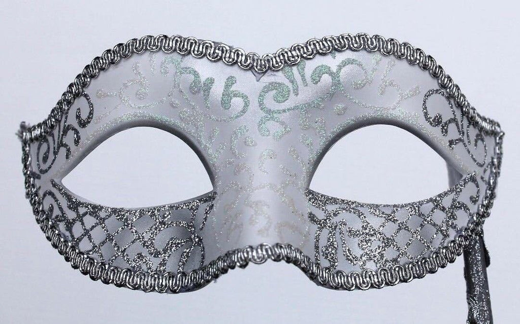 VENETIAN MASQUERADE BALL PARTY EYE MASK WITH A HAND HELD STICK SILVER & WHITE