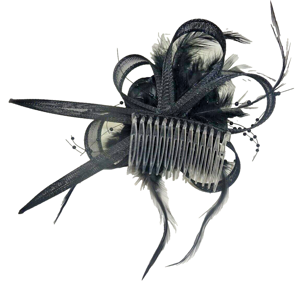 Hair Fascinator Black Feathers Looped Net Fabric & Rose Flower on a Clear Comb
