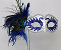 BLUE & SILVER MASK WITH PEACOCK FEATHERS VENETIAN MASQUERADE ON HAND HELD STICK
