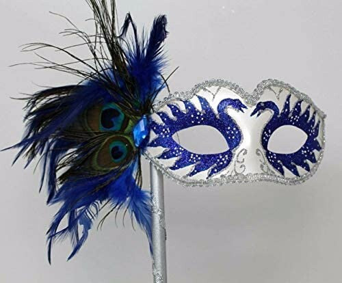 BLUE & SILVER MASK WITH PEACOCK FEATHERS VENETIAN MASQUERADE ON HAND HELD STICK