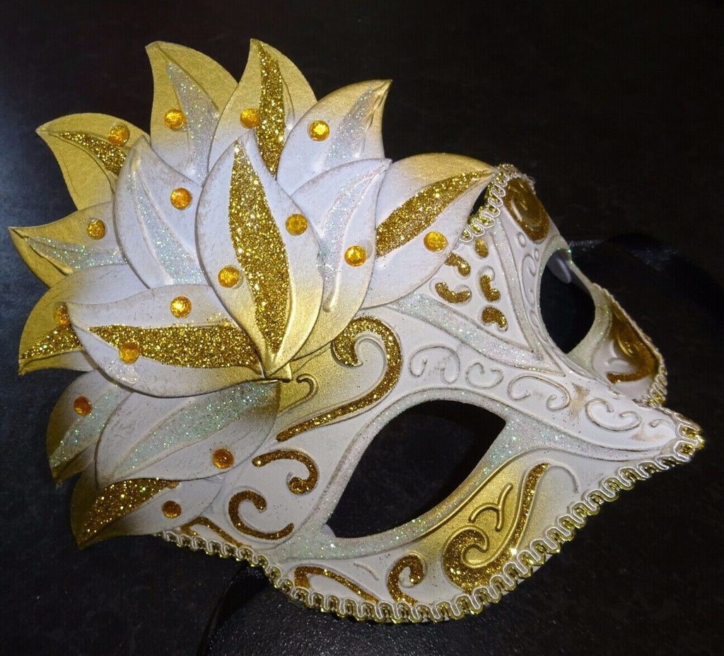 STUNNING GOLD & WHITE VENETIAN MASQUERADE PROM CARNIVAL BALL EYE PARTY MASK