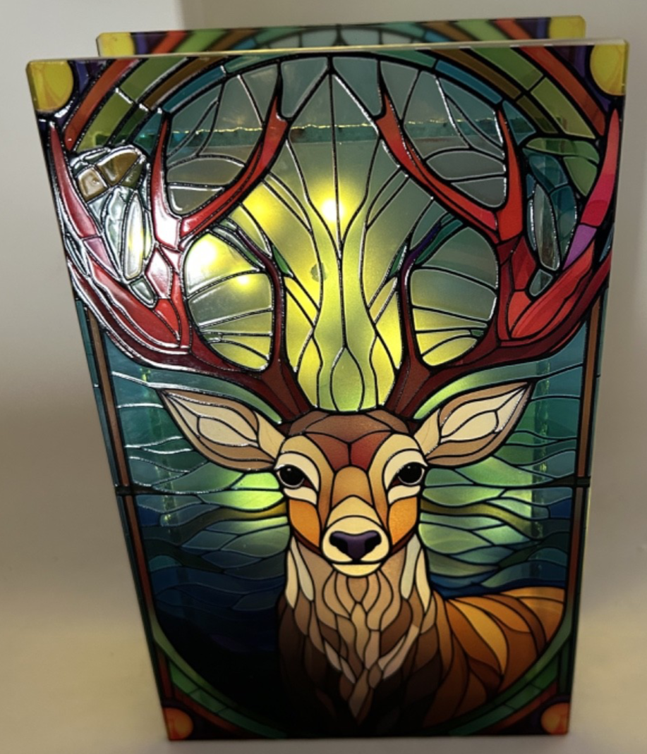Stained Glass Warm White LED Lights Christmas Stag Decoration 21cm Double Sided