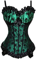 Green Satin & Black Lace Sexy Boned Corset & Thong Set Lace Up Bustier Size 8-10