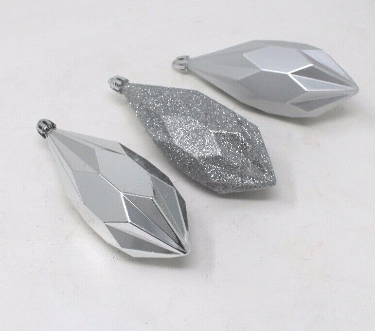 3x Silver Christmas Baubles Tree Hanging Decoration Ornament Geometric 14cm Tall