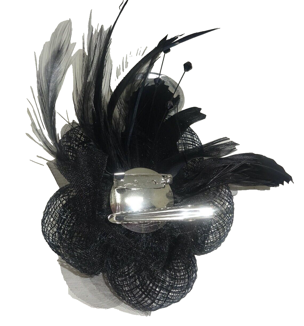 Hair Fascinator Corsage & Brooch Black Feathers with Hessian Flower Clear Jewels