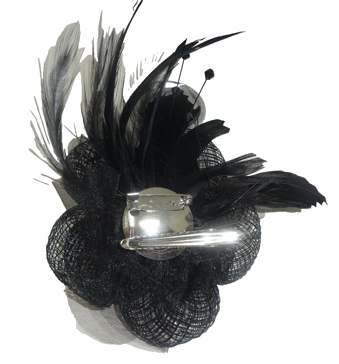 Hair Fascinator Corsage & Brooch Black Feathers with Hessian Flower Clear Jewels