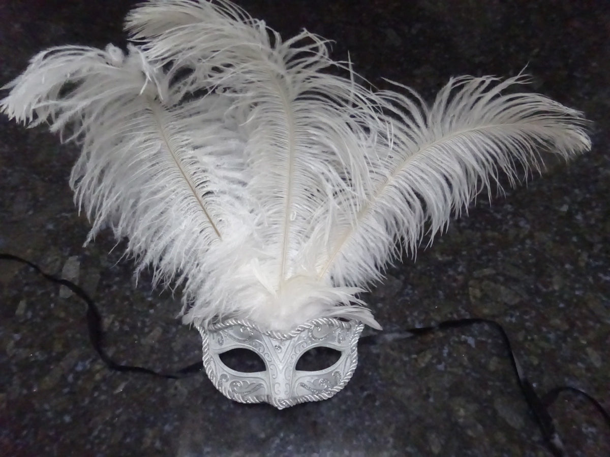 LADIES WHITE & SILVER VENETIAN MASQUERADE PARTY CARNIVAL BALL EYE FEATHER MASK