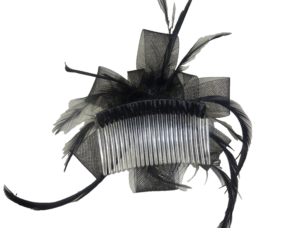 Large Black Looped Stiffened Net & Long Feather Fascinator on a Clear Comb
