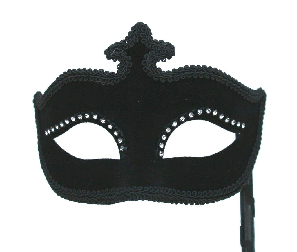 Black Velvet Jewelled Venetian Masquerade Party Carnival Eye Ball Mask on Stick