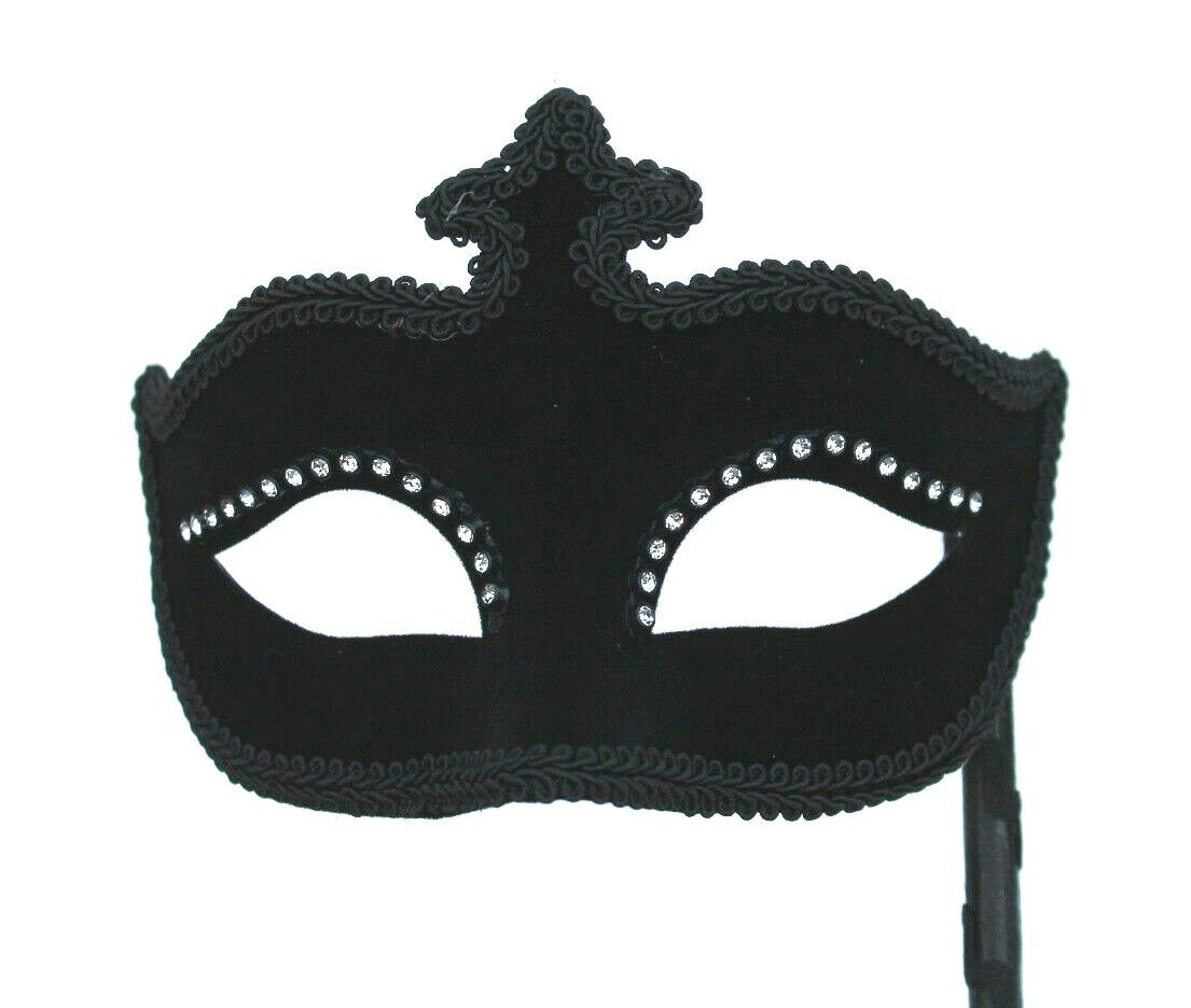 Black Velvet Jewelled Venetian Masquerade Party Carnival Eye Ball Mask on Stick