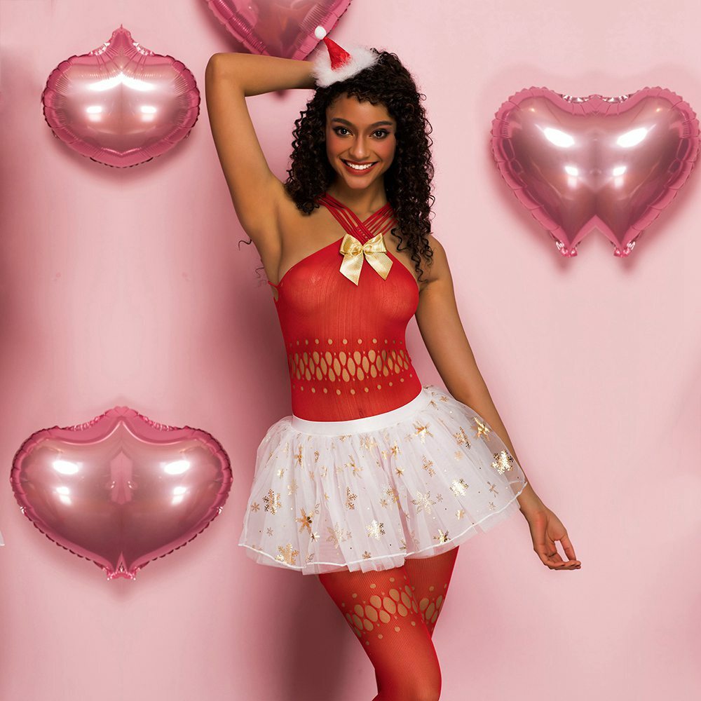 Ladies Sexy Red & White Christmas Costume Bodystocking Skirt & Hat Size 10-12