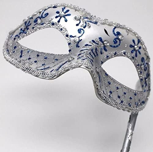 BLUE & SILVER JEWELLED VENETIAN MASQUERADE CARNIVAL BALL PARTY MASK ON A STICK