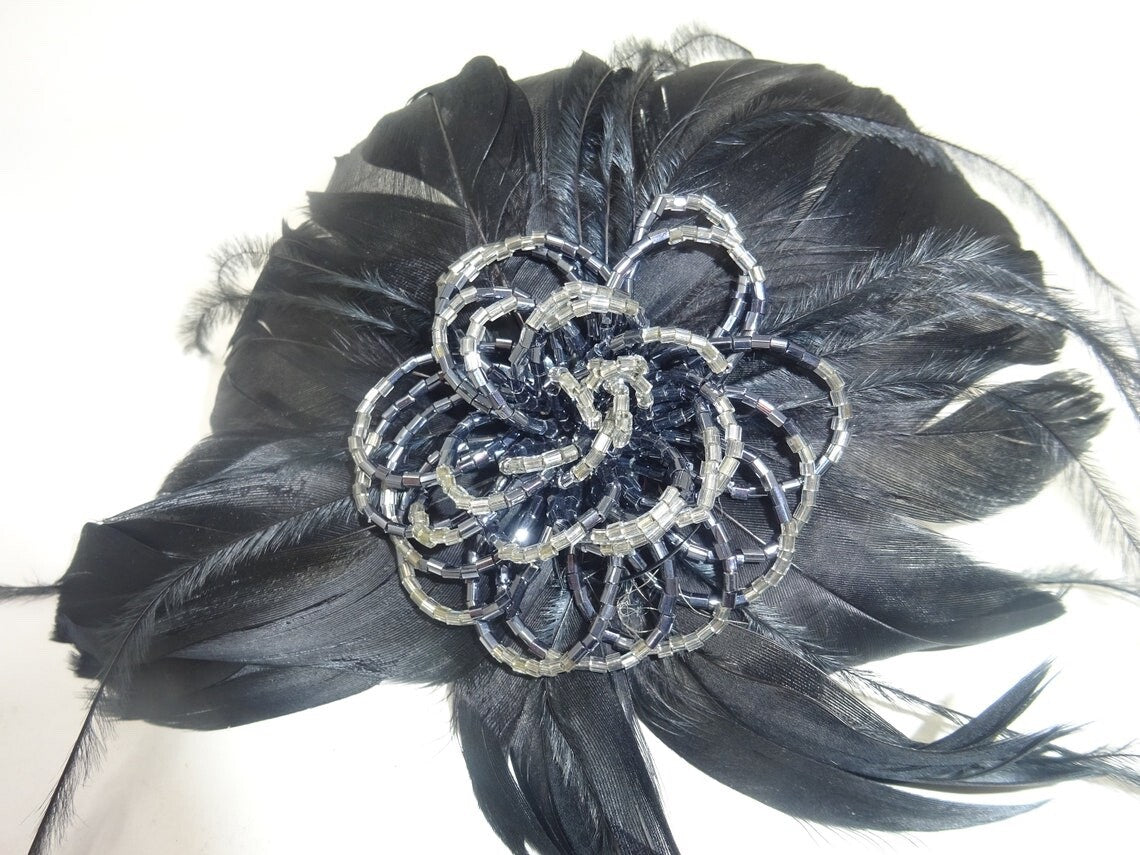 Hair Fascinator Corsage and Brooch Black Feathers with Decorative Silver Beading