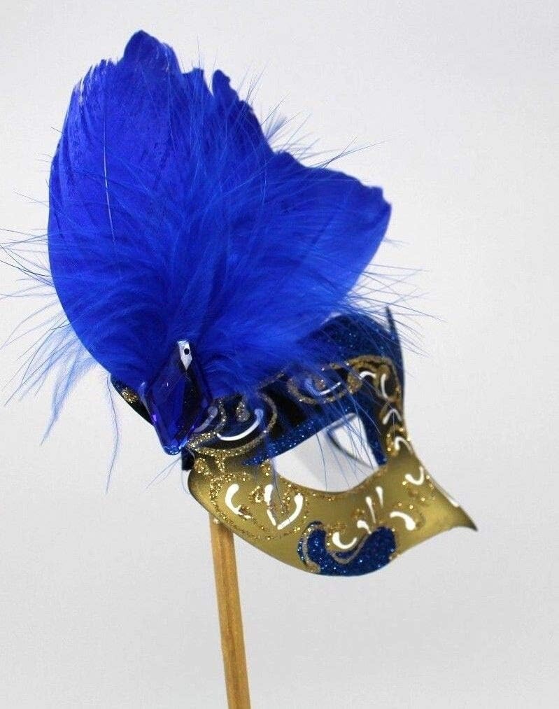 BLUE & GOLD VENETIAN CARNIVAL MASQUERADE PARTY BALL FEATHER MASK HAND HELD STICK