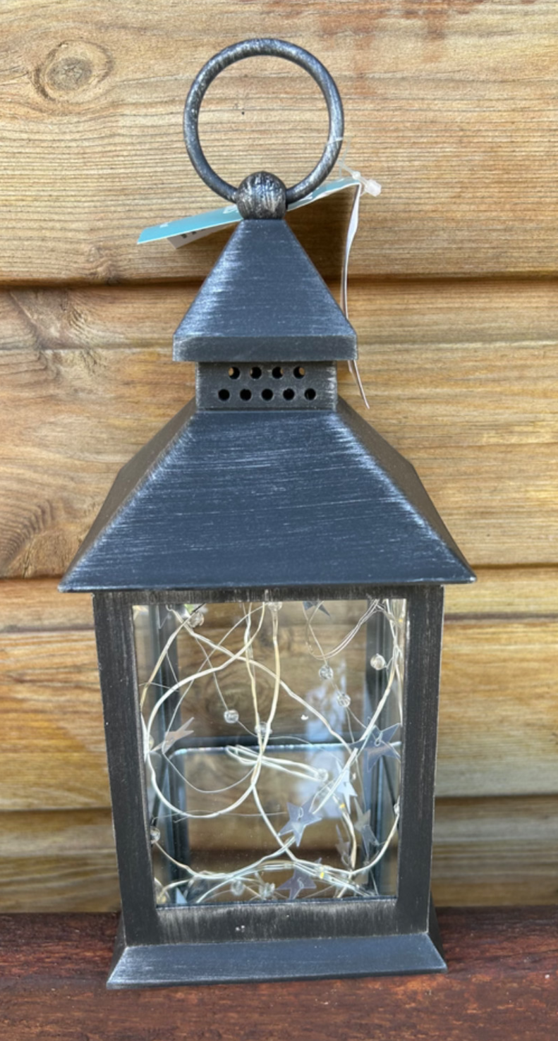 Rustic Black White or Bronze Lantern with Internal LED Light String 27cm Tall