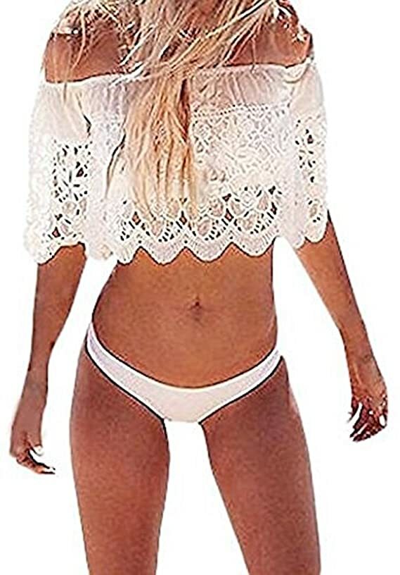 Beachwear Summer Crochet Off-Shoulder Crop Top Bikini Cover Up Ivory Cream 8-10