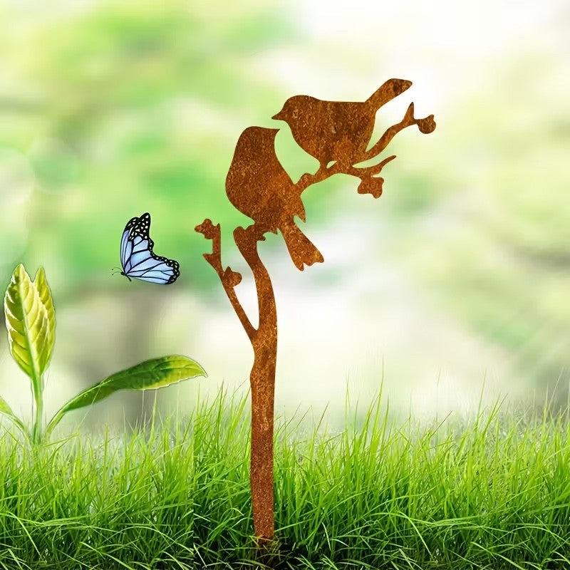 Rusty Patina Metal Two Birds Silhouette Stake 30cm Tall Garden Lawn Decoration