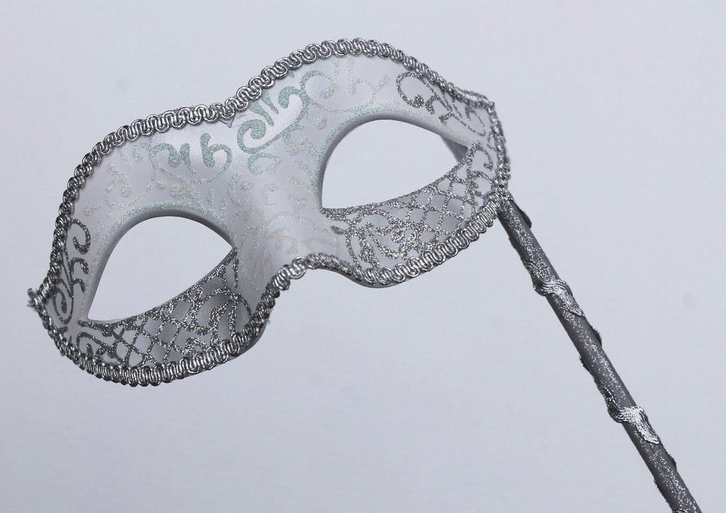 VENETIAN MASQUERADE BALL PARTY EYE MASK WITH A HAND HELD STICK SILVER & WHITE