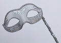 VENETIAN MASQUERADE BALL PARTY EYE MASK WITH A HAND HELD STICK SILVER & WHITE