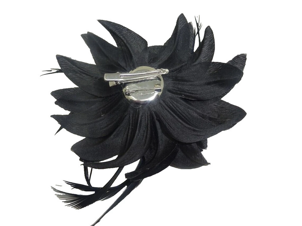 Hair Fascinator Corsage and Brooch Black with Fabric Petals and Slim Feathers