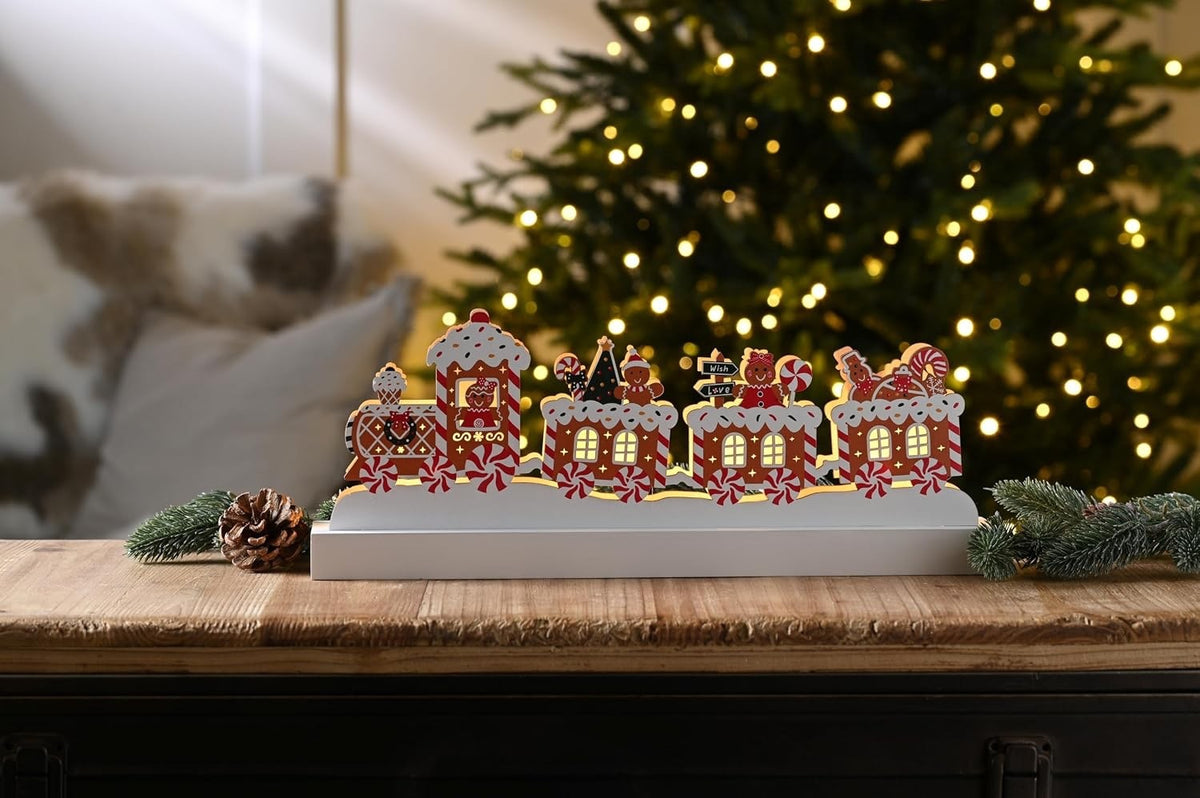 Wooden Gingerbread Family Christmas Winter Festive LED Light Up Train 38cm Long
