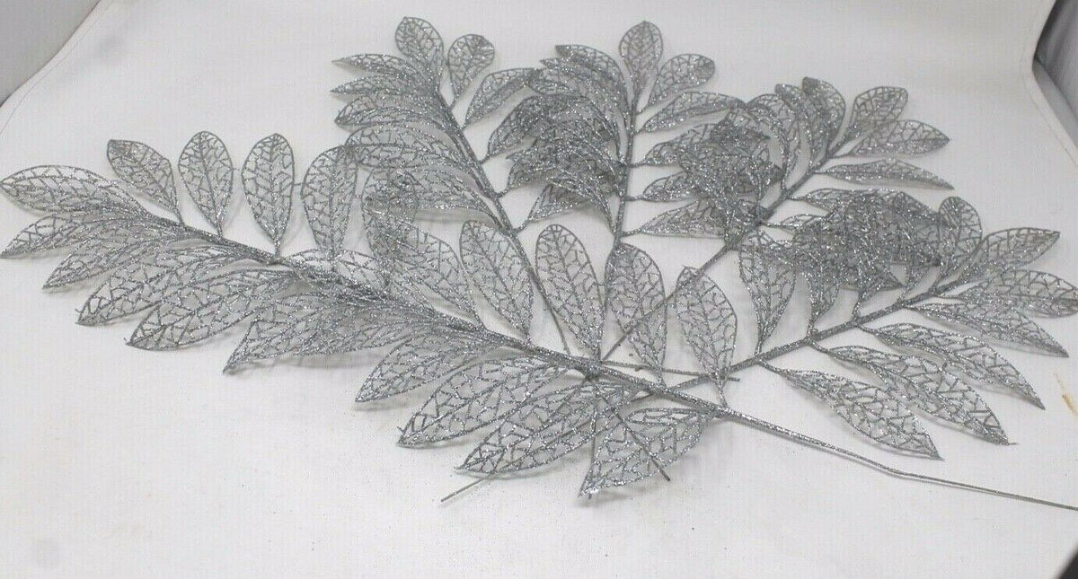 6 x Artificial Silver Glitter Leaves Christmas Decoration Wreath 32cm Long