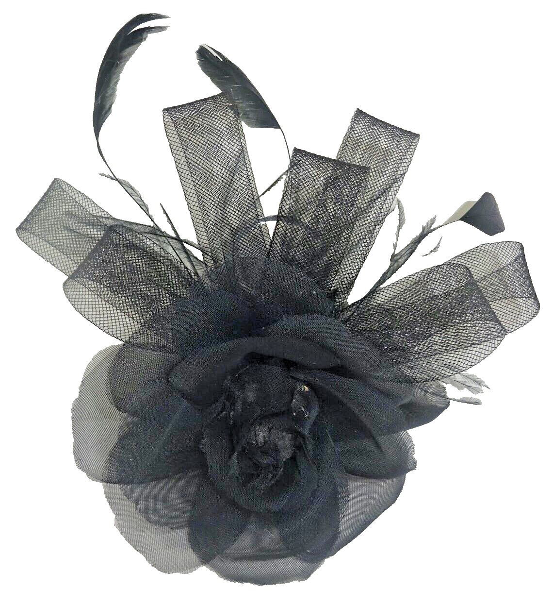 Hair Fascinator Corsage and Brooch Black Feathers with Decorative Hessian Flower