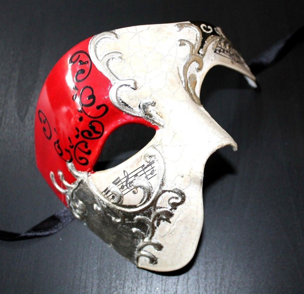 QUALITY RED & SILVER HALF FACE PHANTOM MUSICAL NOTES MASQUERADE MASK